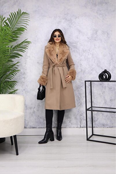 Manga Kürk Detaylı Kemerli Montreal Kaban M3412 Vizon