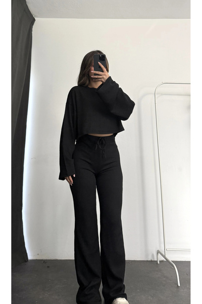 nona butik Set Vidya Salaş Gofre - Negru