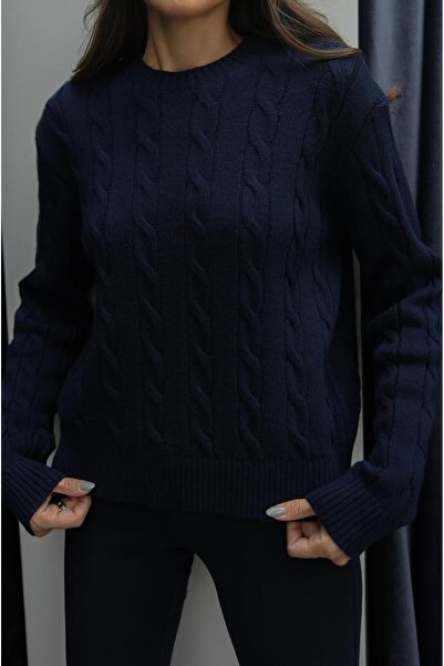 Havoş Lacivert Saç Örgülü Triko Kazak