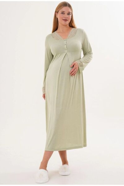 Lohusa Homewear Γυναικείο πράσινο νυχτικό εγκυμοσύνης ειδικής σχεδίασης με κρ...