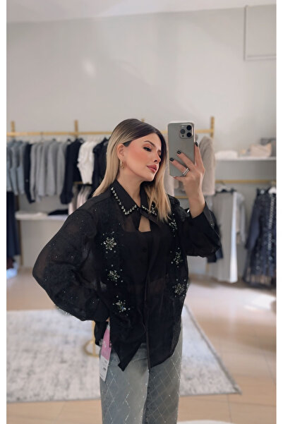 DENİZ İthal Güpür Taş Detaylı Tasarım Gömlek