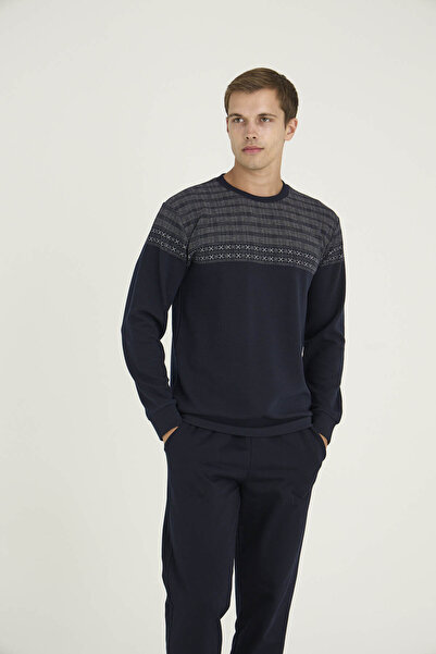 KLY طقم بيجامة رجالي بياقة دائرية وأكمام مضلعة بتصميم أنيق وقماش سميك