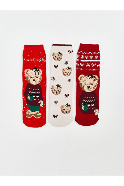 LC Waikiki Kaydırmaz Tabanlı Ayı Teddy Desenli Kız Çocuk Havlu Soket Çorap 3'...