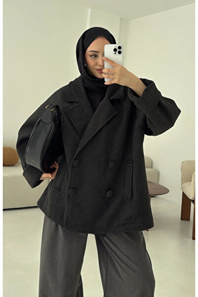 My Blog Anthracite Double-Breasted Collar Cashmere Short Coat - 7325