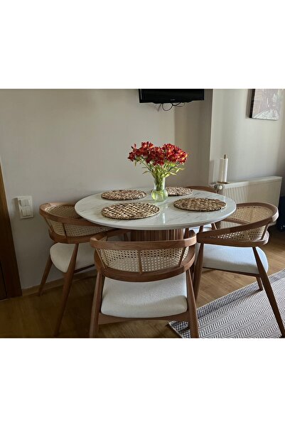 NORTE Yuvarlak Ahşap Masa Takımı Bohem 4 Kişilik Mutfak Masa Sandalye Takımı ...