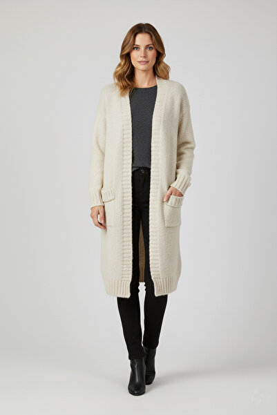 YXL COLLECTION Women's Plus Size Ecru Long Sleeve Pocketed Long Length Knit Cardigan