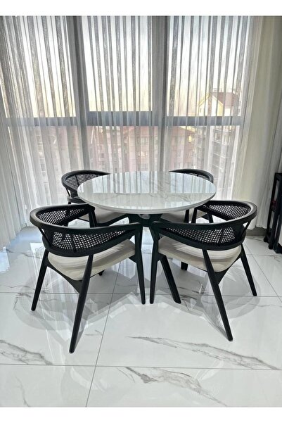 NORTE Yuvarlak Ahşap Masa Takımı Bohem 4 Kişilik Mutfak Masa Sandalye Takımı ...