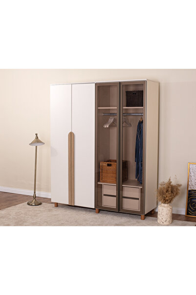 DONACO İtra 4 Kapaklı Gardırop – Krem Gövde, Krem MDFLAM Camlı Kapak