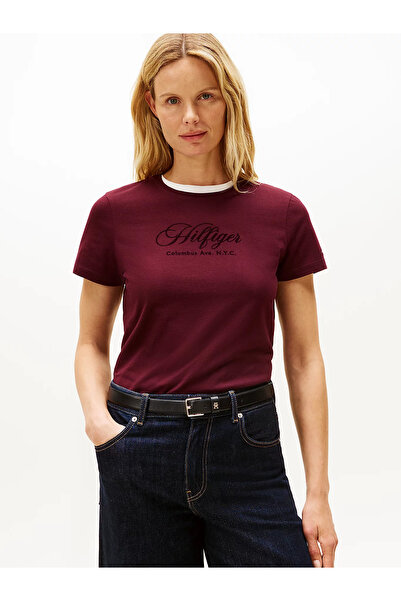Tommy Hilfiger Kadın Logolu Bisiklet Yaka Kısa Kol Standart Bordo T-Shirt WW0...