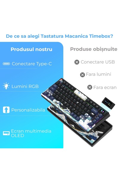 Timebox Tastatură mecanică de gaming, ecran LCD 75%, neagră, wireless, hot swap, 82 de taste