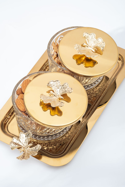 Homekolik 2-Piece Gold Butterfly Lid Glass Presentation Set – Breakfast & Snack Set with Metal Tray