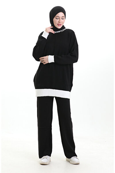 sefamerve Triko İnci Detaylı Tunik Pantolon İkili Takım 1011-09 Siyah