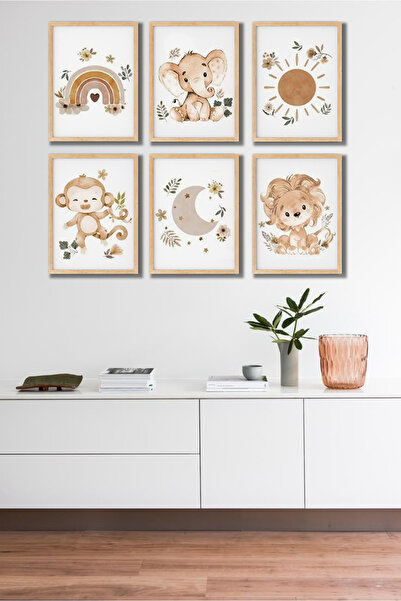 TABLOX Set de 6 tablouri cu tema Safari Animal Rainbow pentru camera copiilor, cu aspect de cadru, decor elefant, leu, maimuță