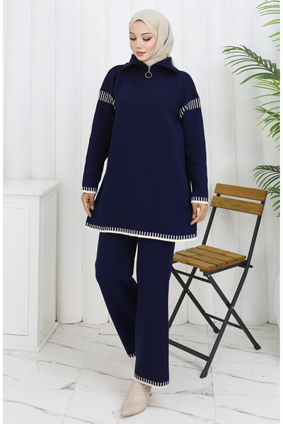 sefamerve Πλεκτό Παντελόνι Τούνικ με Φερμουάρ Κολάρο Διπλό Σετ 1061-03 Ναυτικό Μπλε