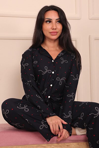 Niket Life Women's Bow and Heart Patterned Button Front Long Sleeve Six Length Suede Pajama Set