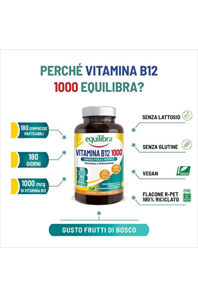Equilibra VITAMIN B12, 1000 mcg, against fatigue and physical or mental exhaustion, 180 chewable tablets