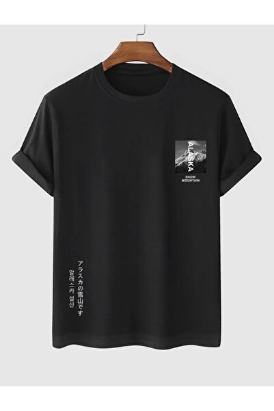 LAPS تي شيرت سنو ماونتن أسود كبير الحجم للجنسين