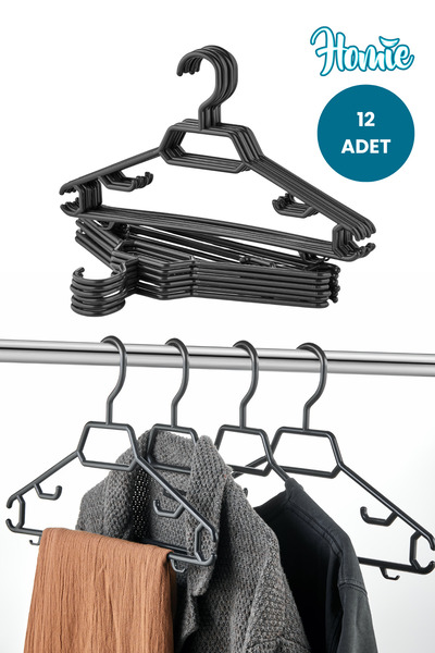 Homie 12 Adet Dolap İçi Siyah Plastik Elbise, Gömlek, Tişört, Pantolon, Etek, Kravat Askısı - 12'li Set