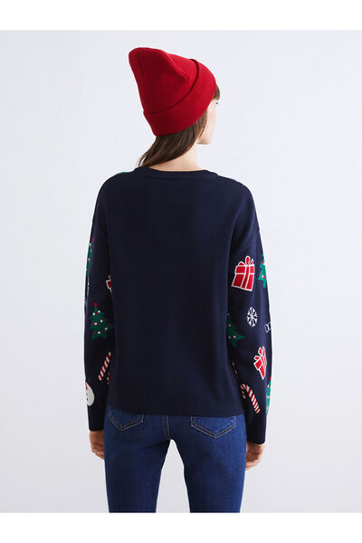 LC Waikiki Pulover de damă LCW Vision bleumarin cu decolteu triplu cu tematică de Anul Nou