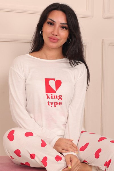 Niket Life Women's King Type Slogan Six Heart Pattern Crew Neck Long Sleeve Six Long Viscose Pajama Set
