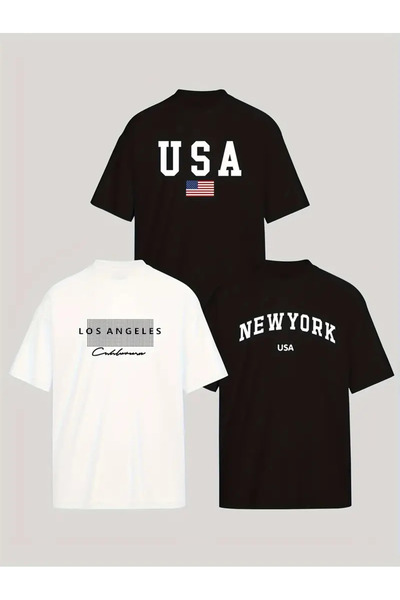 LAPS طقم 3 قطع باللونين الأبيض والأسود للجنسين، تي شيرت كبير الحجم مطبوع رقم 4