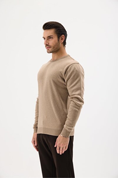 RAVANELLI Ανδρικό μάλλινο πουλόβερ με λαιμόκοψη χειμερινό κομψό ζεστό και απαλό πλεκτό μπεζ XL