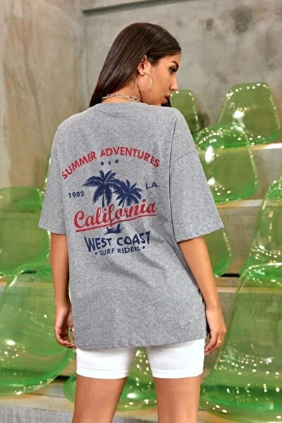 LAPS Women's Gray Oversize California Surf Printed Oversize T-shirt