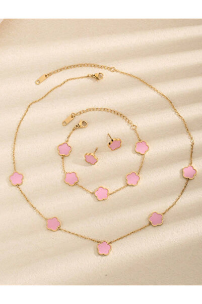 Inovius Set Seraphine, Colier, Cercei si Bratara, Roz cu Auriu, Otel Inoxidab...