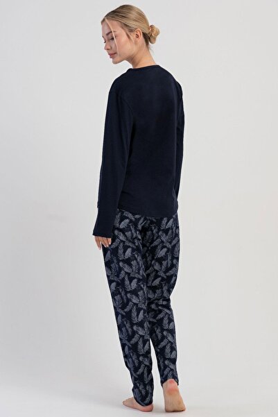 VİENETTA Women's Navy Blue Long Sleeve Patterned Pajama Set C9T6N1305
