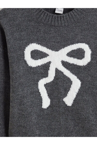 LC Waikiki Lcw Kids Anthracite Crew Neck Bow Patterned Girls' Sweater