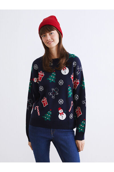 LC Waikiki Pulover de damă LCW Vision bleumarin cu decolteu triplu cu tematică de Anul Nou