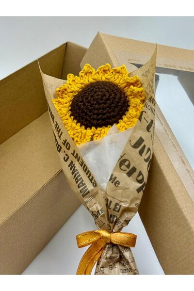 HENERA El Örgüsü Solmayan Tekli Ayçiçeği / Yapay Çiçek / Sevgililer Günü / Hediyelik /Doğum Günü