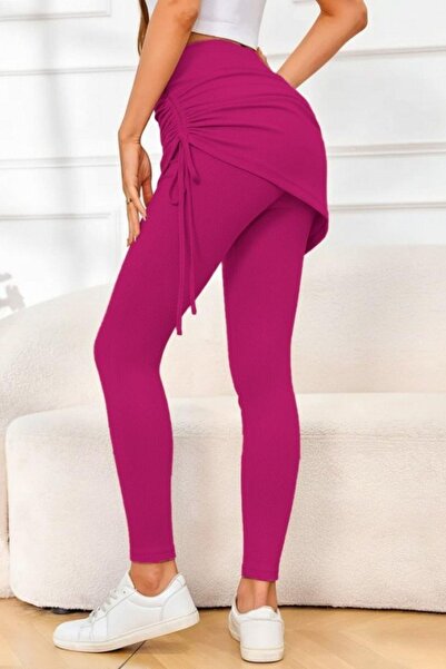 Mossta High Waist Side Gathered Ribbed Knit Leggings Skirt - Fuchsia