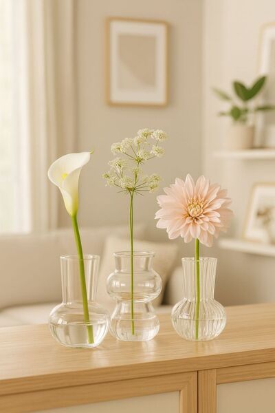 ERKUGO İskandinav Vazo Seti, Modern Minimal Dekoratif 3'lü Set, Isıya Dayanıklı Borosilikat Cam