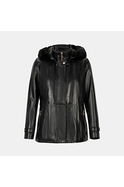 Desa Women's Black Hooded Leather Coat