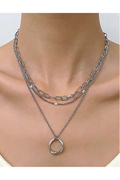 Inovius Colier cu mai Multe Straturi si cu Cerc, Argintiu - 82386