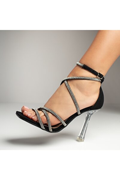 BMoD Women's black suede sandals with stiletto heel and rhinestone ornaments MOD11626