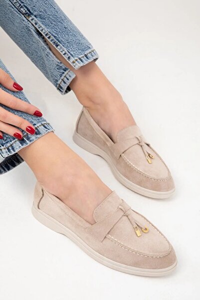 KAOF SHOES Kadın Bej Süet Loafer Babet Ayakkabı Klasik Ayakkabı Günlük Ayakkabı Şık Zarif Rahat Ayakkabı