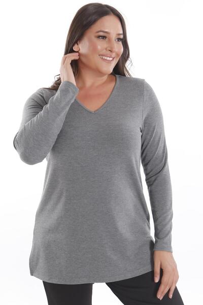 Metpoint Trend42Plus Plus Size V-Neck Slit Basic Anthracite Blouse