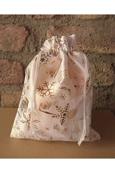 roco paper Yılbaşı Altın Varak Baskılı Kumaş Hediye Kesesi, Küçük Boy Hediye Torbası, Beyaz, 12 Adet-13x18 Cm