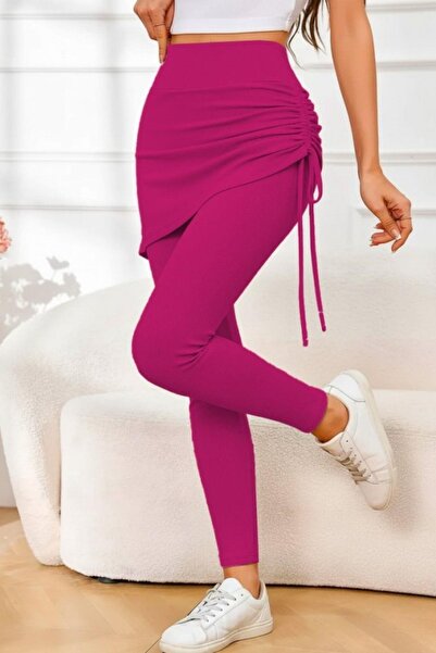 Mossta High Waist Side Gathered Ribbed Knit Leggings Skirt - Fuchsia