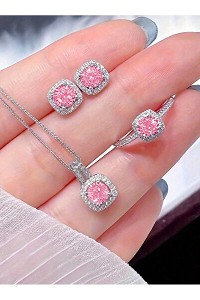 Inovius Σετ φεγγαριού, κολιέ, σκουλαρίκια και δαχτυλίδι, ροζ και ασημί - 223226