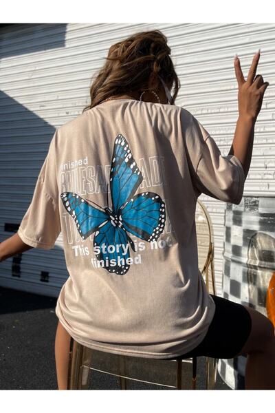 LAPS تي شيرت نسائي كبير الحجم منتهية باللون البيج تي شيرت منتهية القمصان