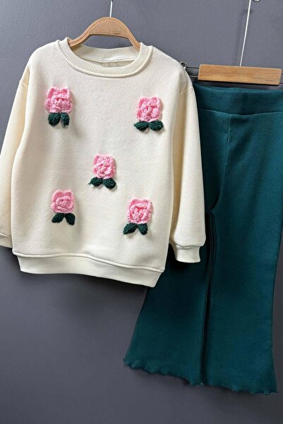 Riccotarz Girl's 3-Thread Cream Sweater with Rose Figures, Loose-Fitting Scuba Fabric, Top and Bottom Set