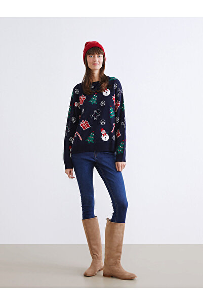 LC Waikiki Pulover de damă LCW Vision bleumarin cu decolteu triplu cu tematică de Anul Nou