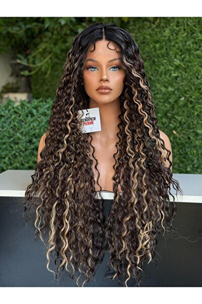 Fenomen Peruk Afro Kıvırcık Tül Peruk – Uzun Karamel Işıltılı Koyu Kahve Doğal Görünümlü Peruk
