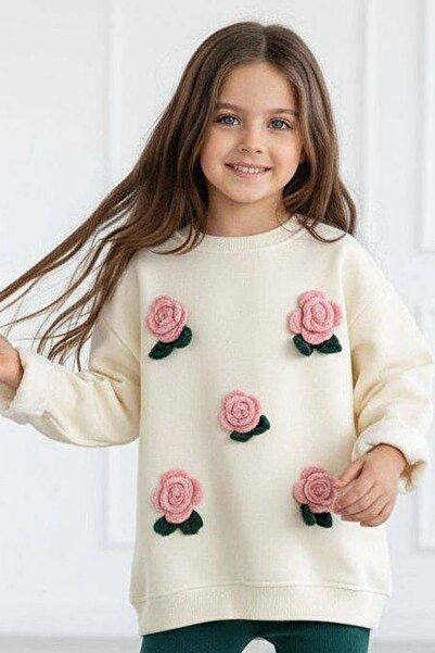 Riccotarz Girl's 3-Thread Cream Sweater with Rose Figures, Loose-Fitting Scuba Fabric, Top and Bottom Set