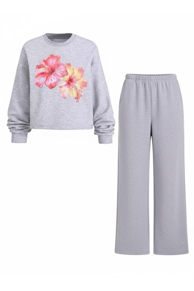 LOUİSA Women's Gray Crew Neck Hibiscus Flower Printed Sweatshirt-Grey Baggy Fit Sweatpants Set