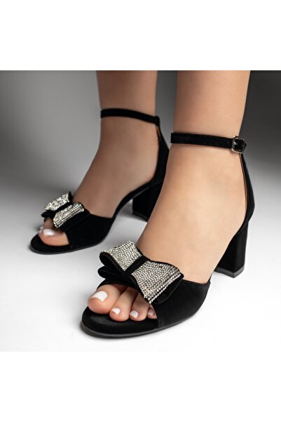 BMoD Women's black suede sandals with block heel and rhinestone ornaments MOD13542