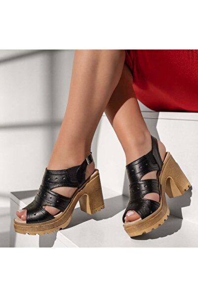 BMoD Sandale damă negre din piele naturală cu toc și platformă mică MOD11633